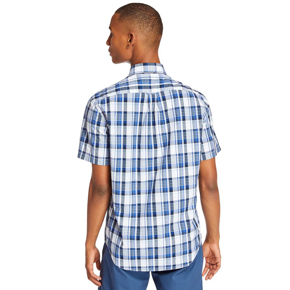 Camisa Timberland Argentina Hombre - Short-Sleeve Indian River Madras - Azules - BWAJZL-105